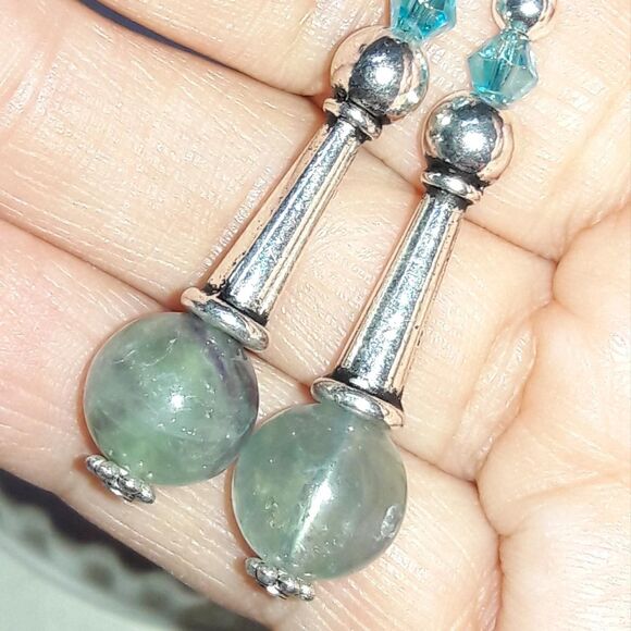 Artisan earrings  433# dangle earrings Fluorite Blue gemstone 925 Silver crafted - Picture 4 of 5